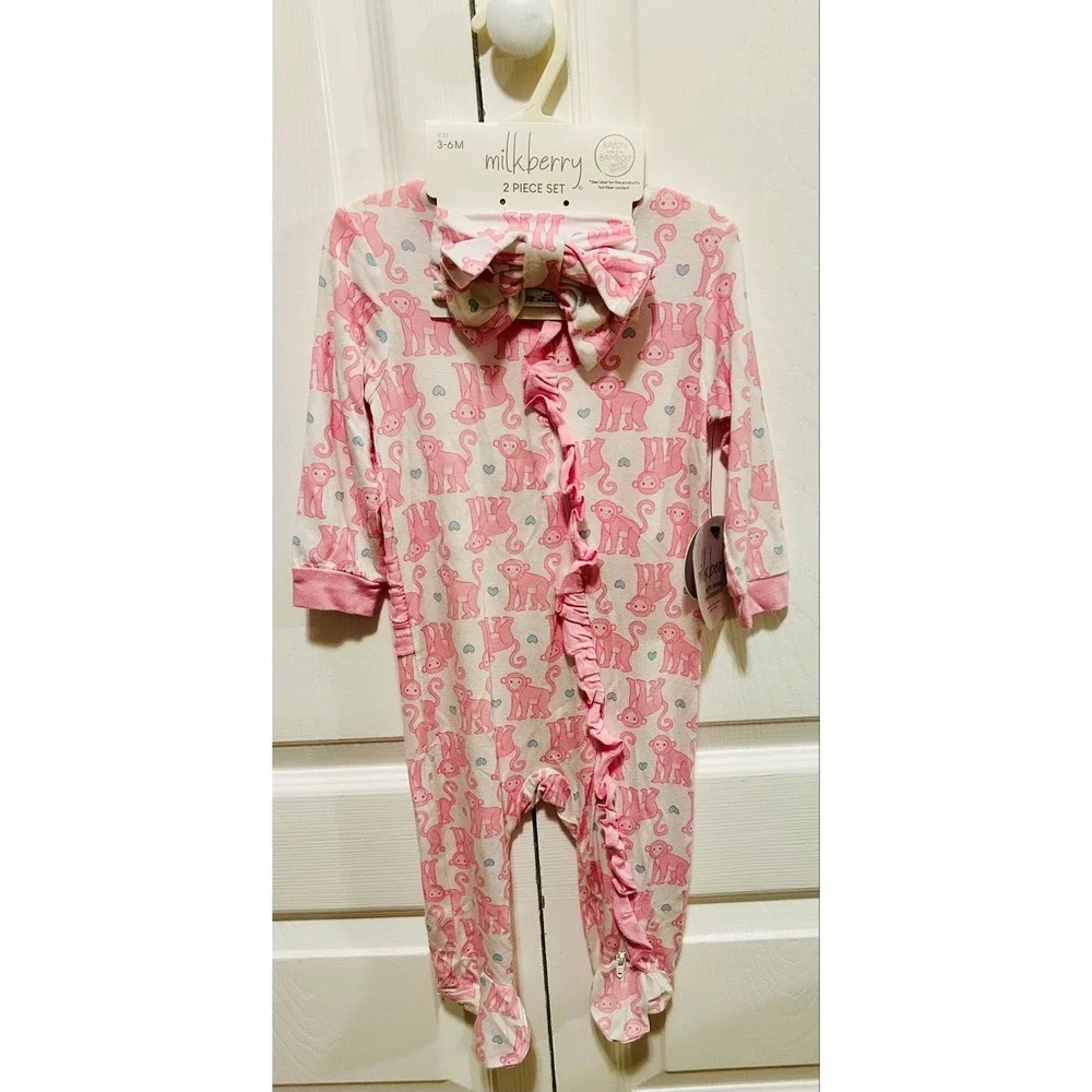 Milkberry Girls Pink Monkey Bamboo Ruffle Sleeper Footie Headband Set 3-6M NWT